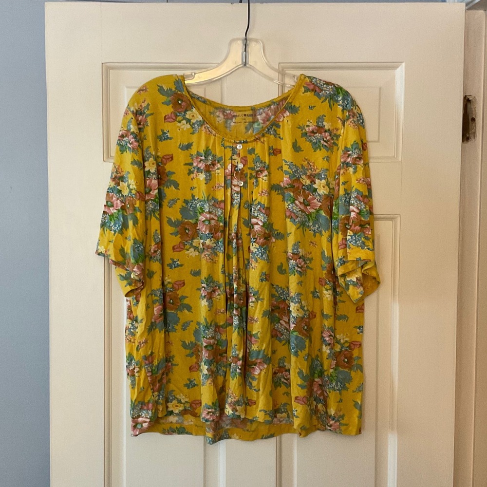 April Cornell Deanna Jersey Blouse Yellow Floral Peasant Top XXL cottagecore